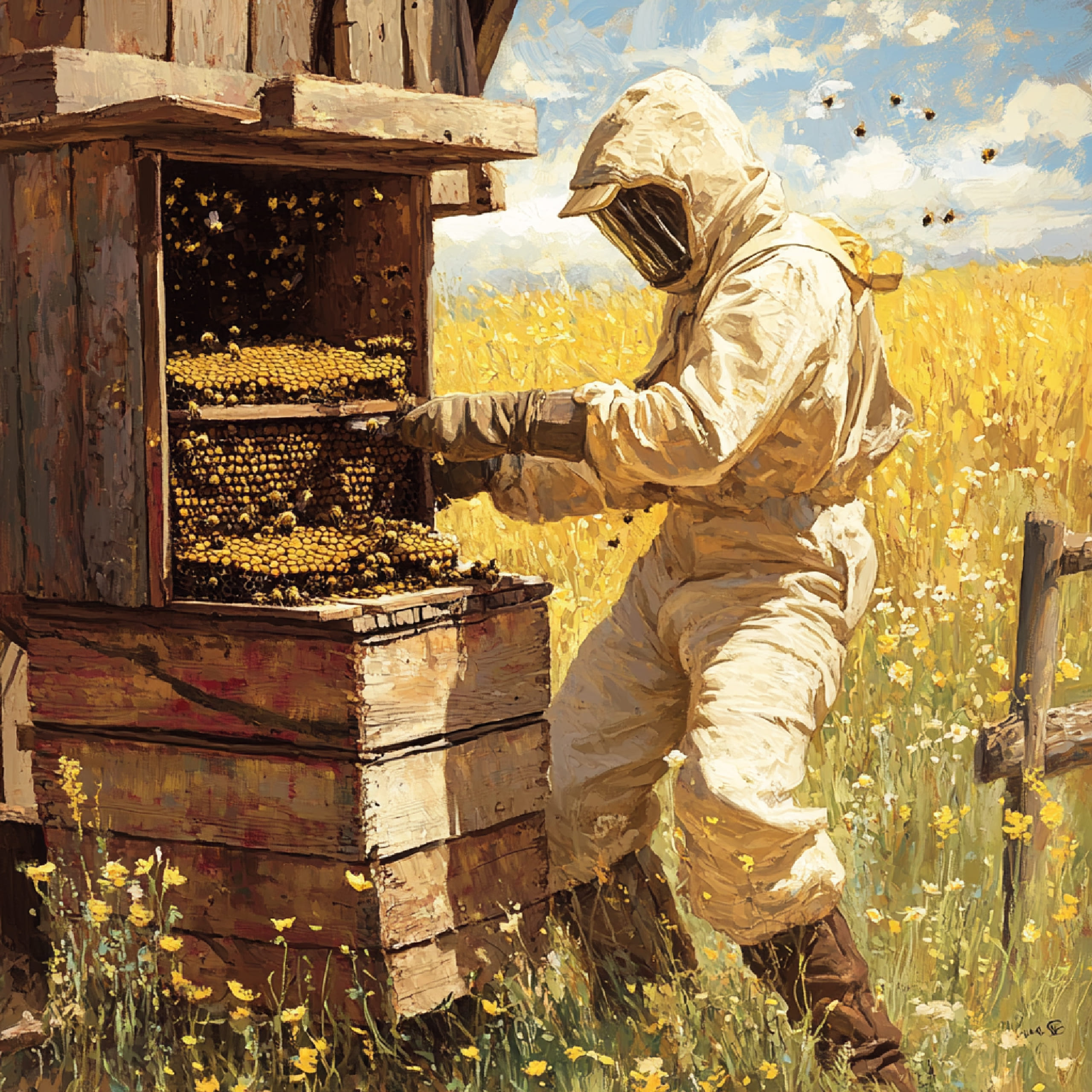 A beginner beekeeper setting up their first hive in a garden