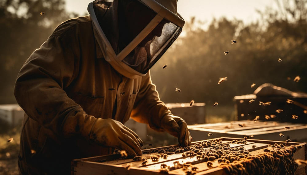 A beekeeper in protective gear inspecting a wooden hive frame covered in bees