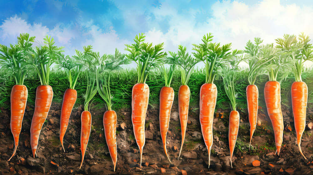 Carrot plants at mid-growth stage with feathery green tops above rich soil