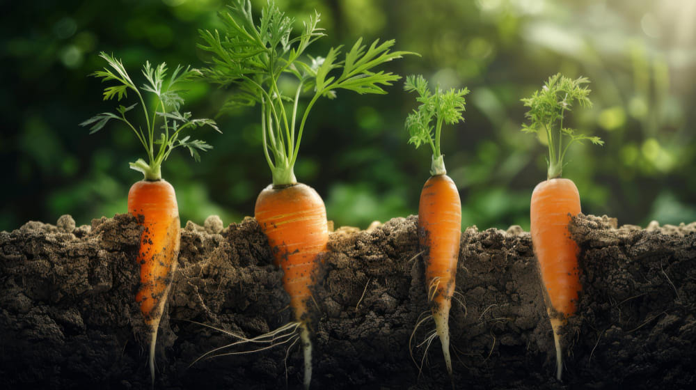 Freshly pulled mature carrots with vibrant orange roots laid on the ground