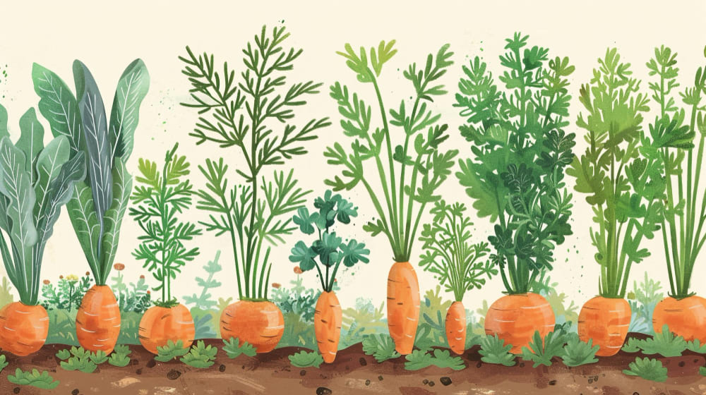 Carrot seedlings emerging from soil in neat garden rows