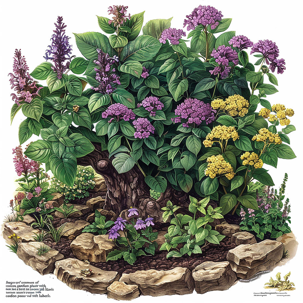 Large comfrey plants with purple flowers growing in a permaculture garden