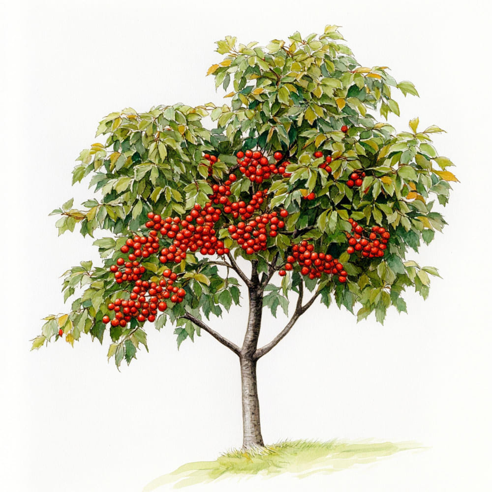 Bright red hawthorn berries ripening on thorny branches in autumn