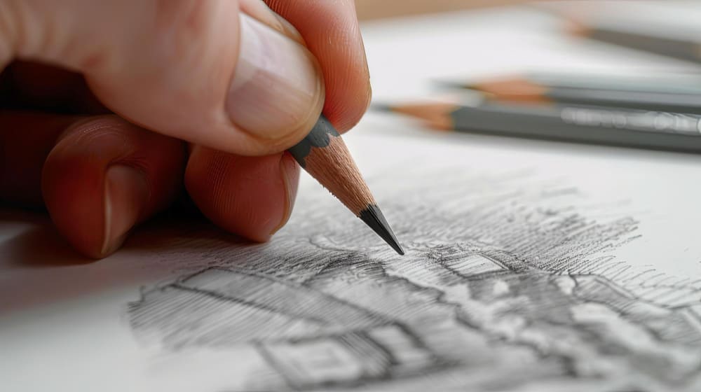 A person drawing contour lines on a hand-sketched site map using a level