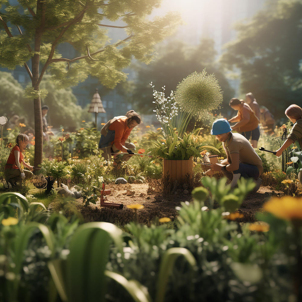 A thriving permaculture farm with diverse crops, fruit trees, and animals integrated together