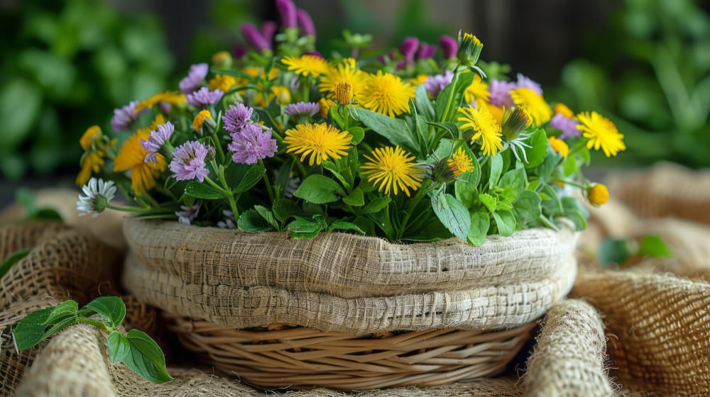A basket filled with freshly foraged edible weeds including dandelion, nettle, and clover