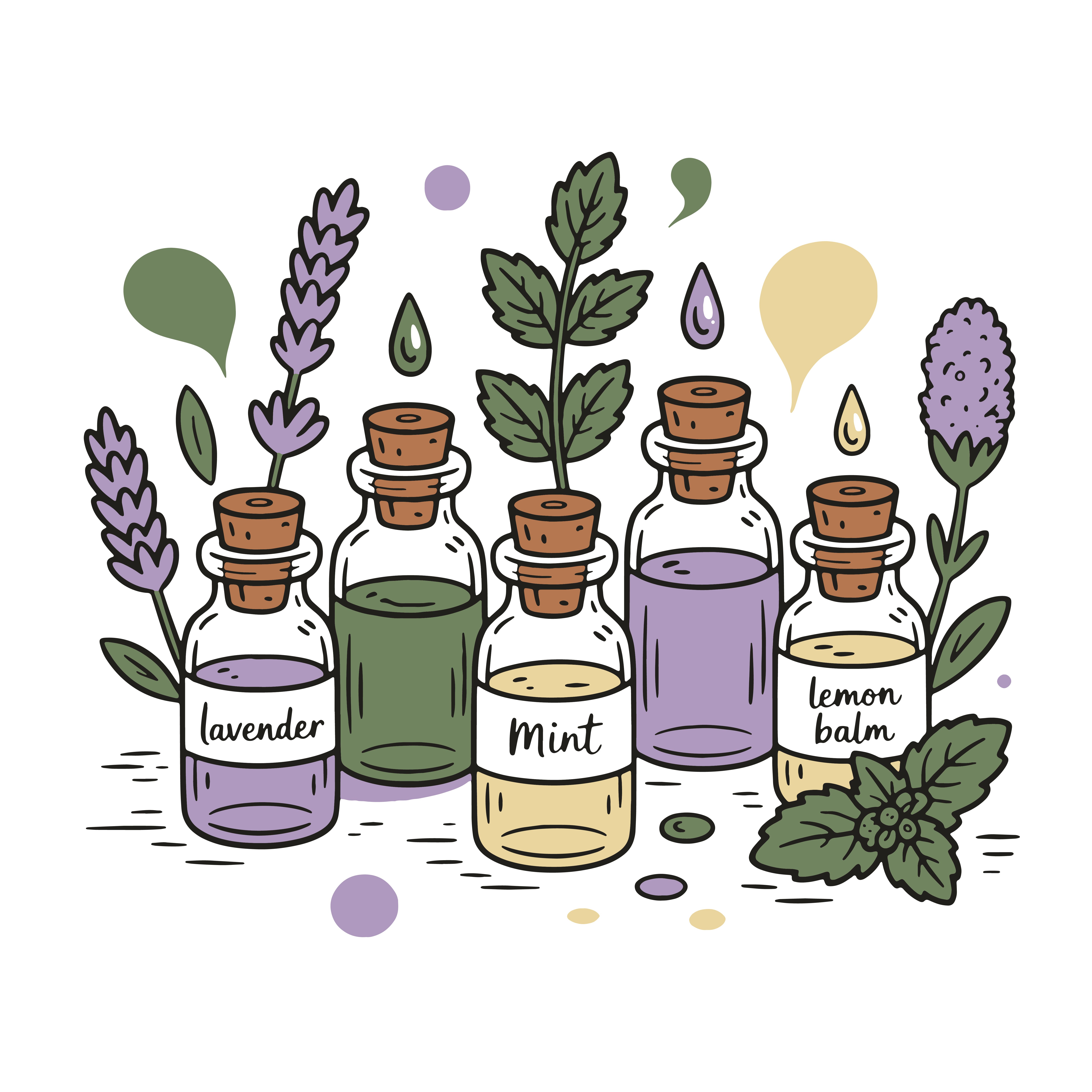 A collection of essential oil bottles — lavender, tea tree, and peppermint — on a wooden surface