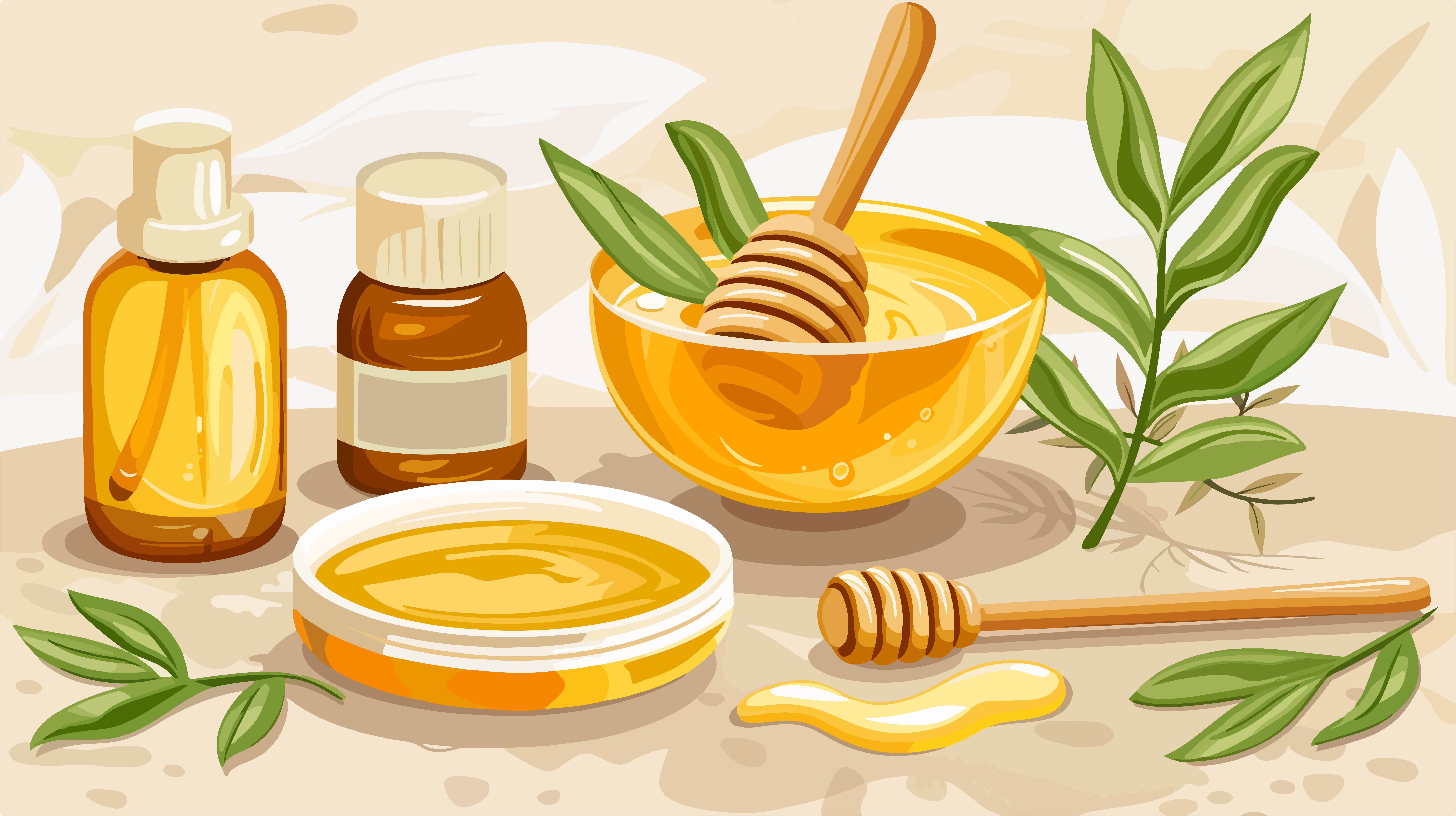 A honey jar and essential oil dropper — natural sore throat remedies on a wooden table