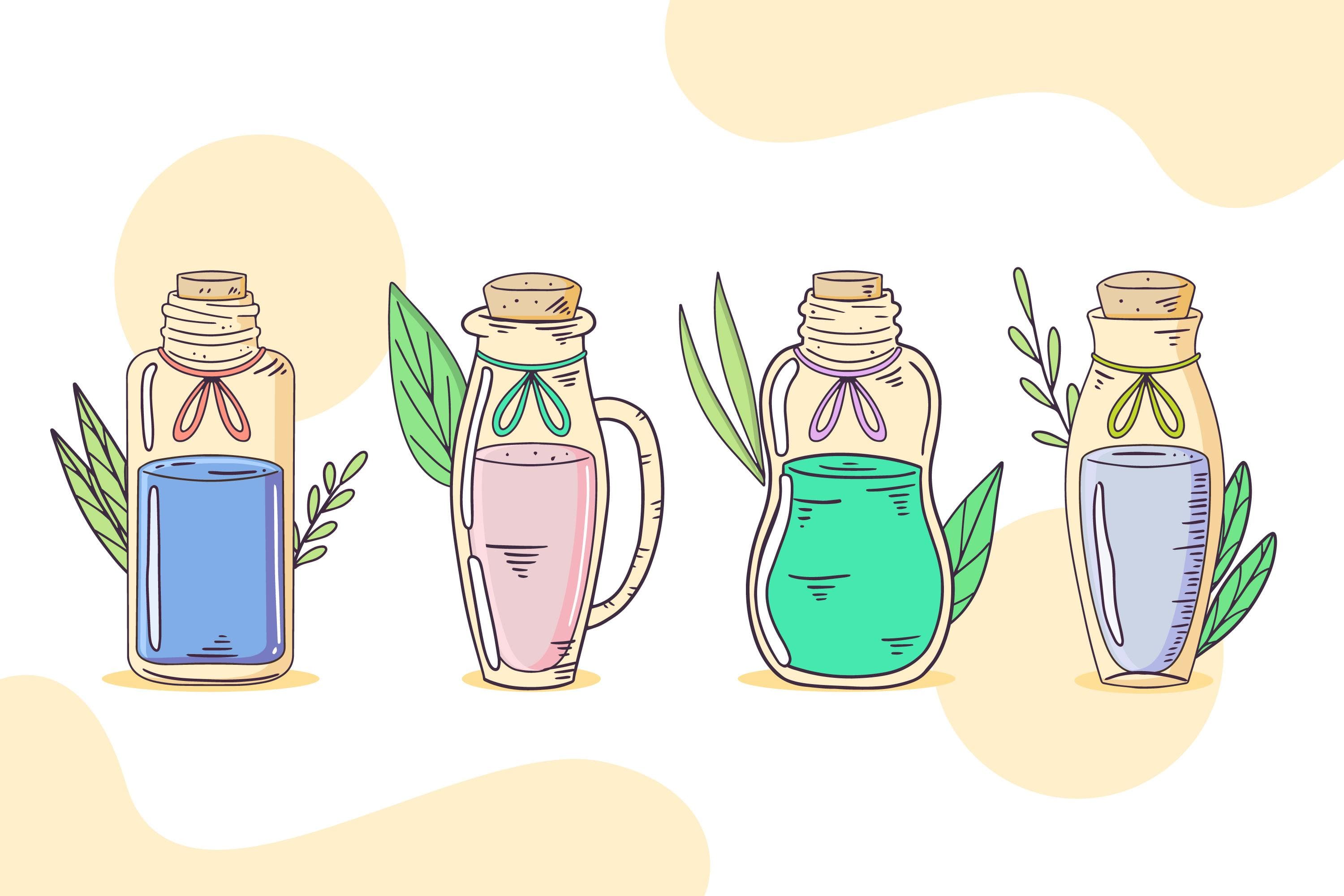 Essential oil bottles — peppermint, lemon, and eucalyptus — beside a warm cup of herbal tea