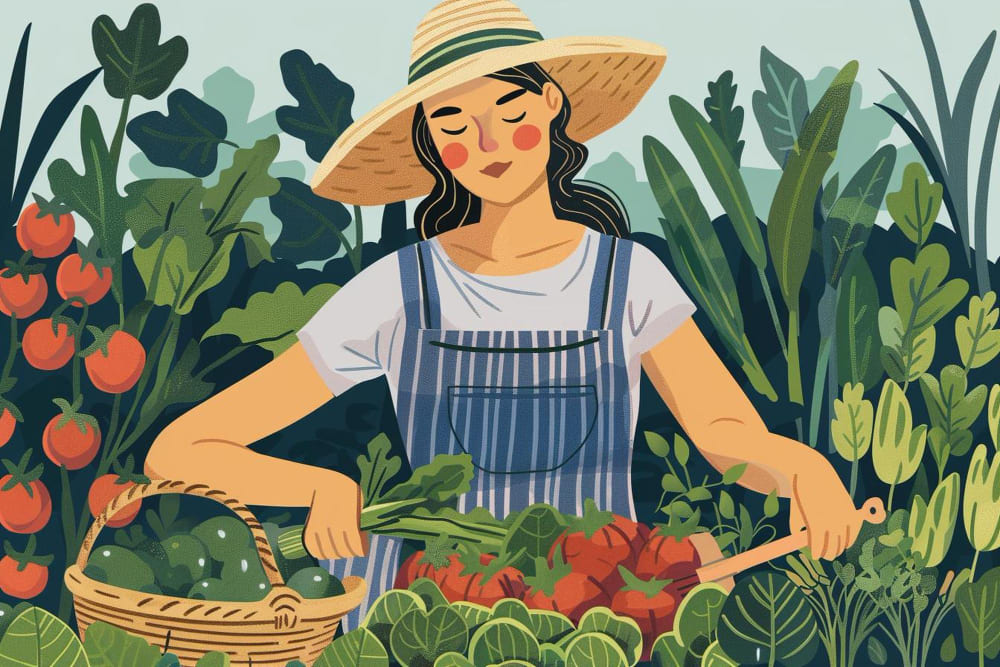 Hands harvesting fresh vegetables — tomatoes, courgettes, and beans — from a productive garden bed