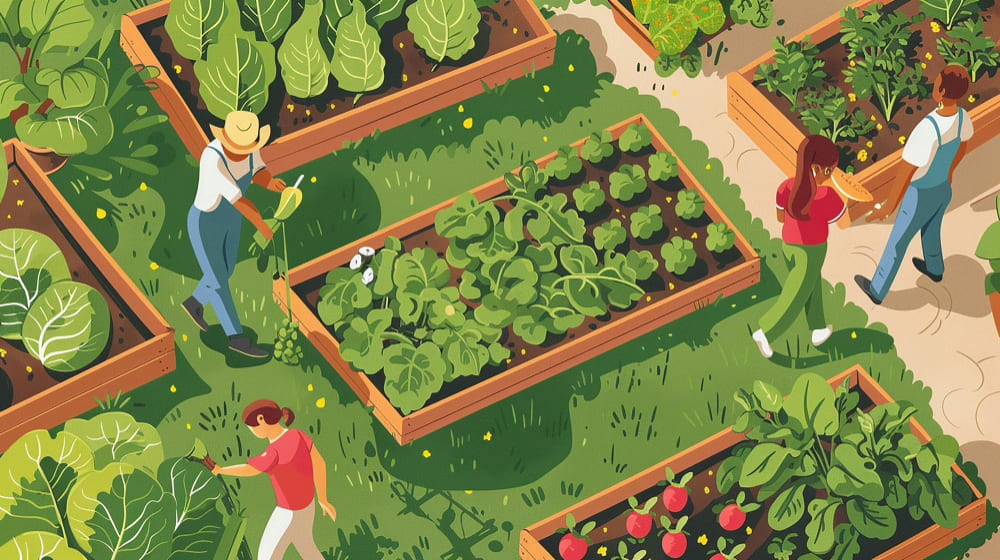 A small-scale veggie farm with raised beds, trellises, and abundant mixed vegetables