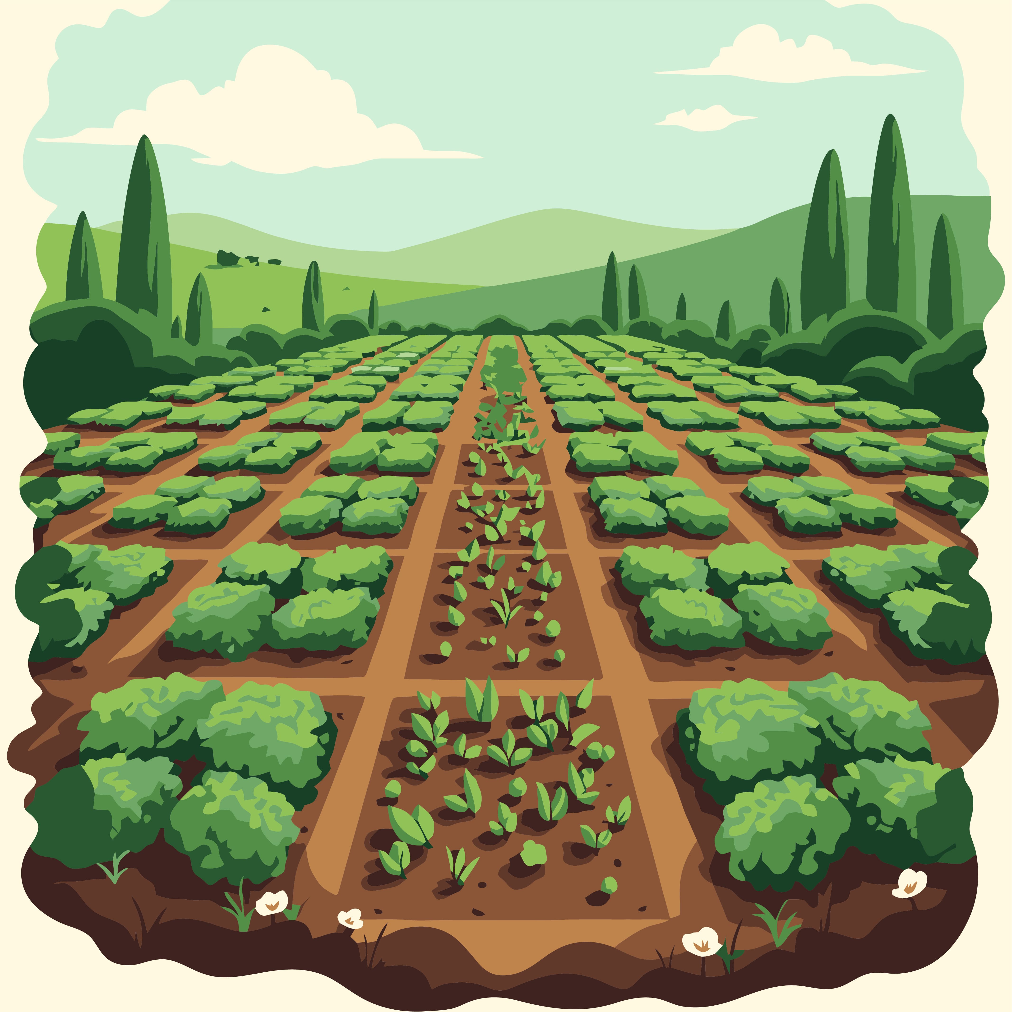 Rows of thriving vegetable crops growing in a well-maintained garden plot