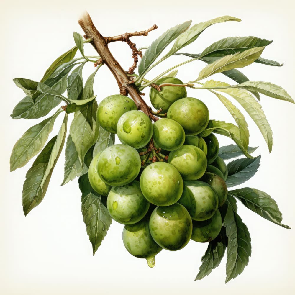 A cluster of ripe green feijoa fruits hanging from a tree branch