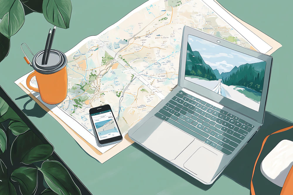 Digital topographic map on a laptop screen showing elevation lines and landscape features