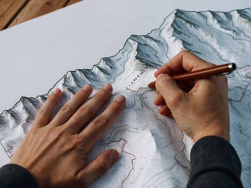 A detailed topographic and contour map spread on a table with a compass and pencil