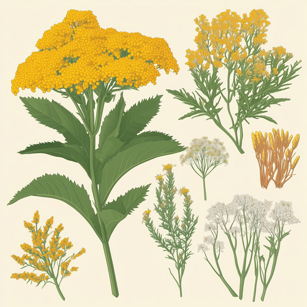 Bundles of dried yarrow plants with yellow and white flowers ready for herbal use